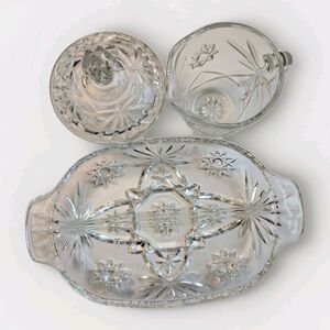 Anchor Hocking EAPC Star of David Creamer, Sugar Bowl w Lid, Relish Dish VTG